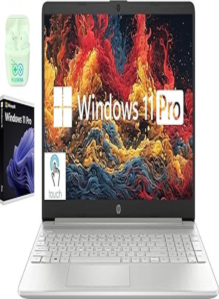 كمبيوتر محمول HP بشاشة لمس 15.6 بوصة، كمبيوتر محمول Windows 11 Pro، ذاكرة الوصول العشوائي 32 جيجابايت، 1 تيرابايت SSD، معالج i3-1215U، شاشة LED عالية الدقة 1366 × 768، لوحة مفاتيح رقمية، قارئ بطاقة SD، HDMI، سماعة أذن Plusera، فضي