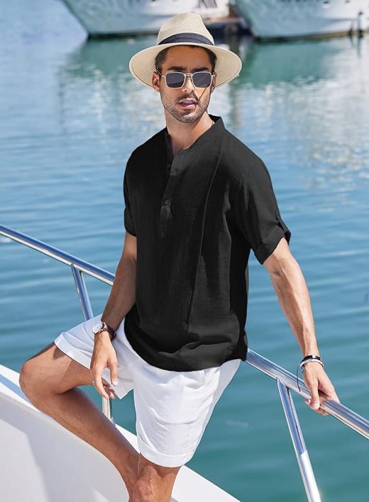 COOFANDY Men's Linen Henley Shirts Short Sleeve Casual Banded Collar Shirt Summer Beach Hippie T Shirts