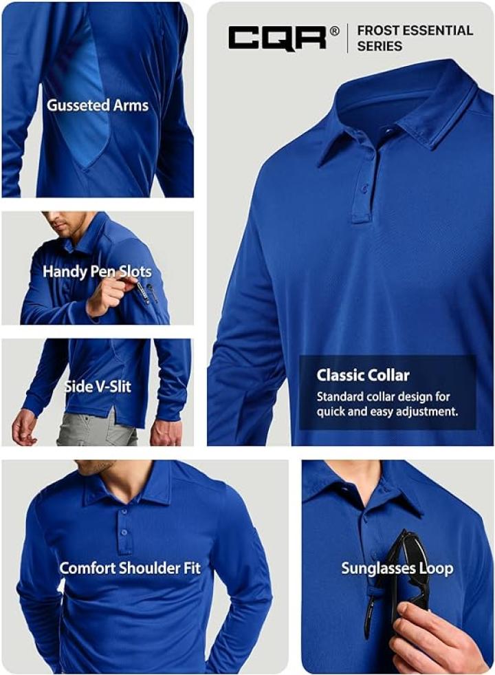 CQR Men's Polo Shirt, Long Sleeve Tactical Shirts, Outdoor UPF 50+ Pique Shirt, Dry Fit Lightweight Golf Shirts