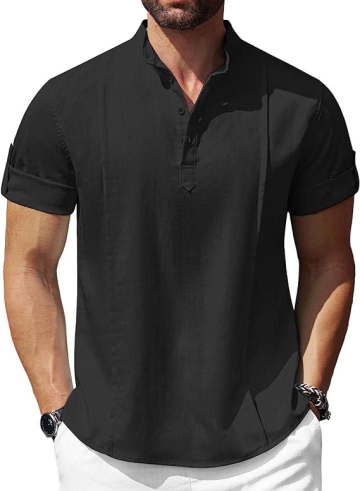 COOFANDY Men's Linen Henley Shirts Short Sleeve Casual Banded Collar Shirt Summer Beach Hippie T Shirts